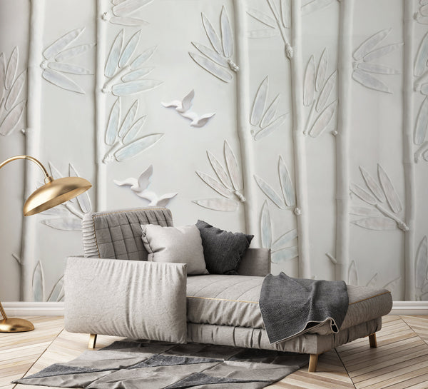 Relief-looking Long Tree Trunks White Birds Wallpaper