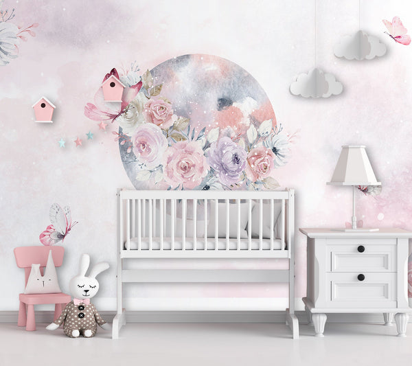 Flower World Pink Butterflies Wallpaper Kids Chrildren Wall Decor Mural Art Removable