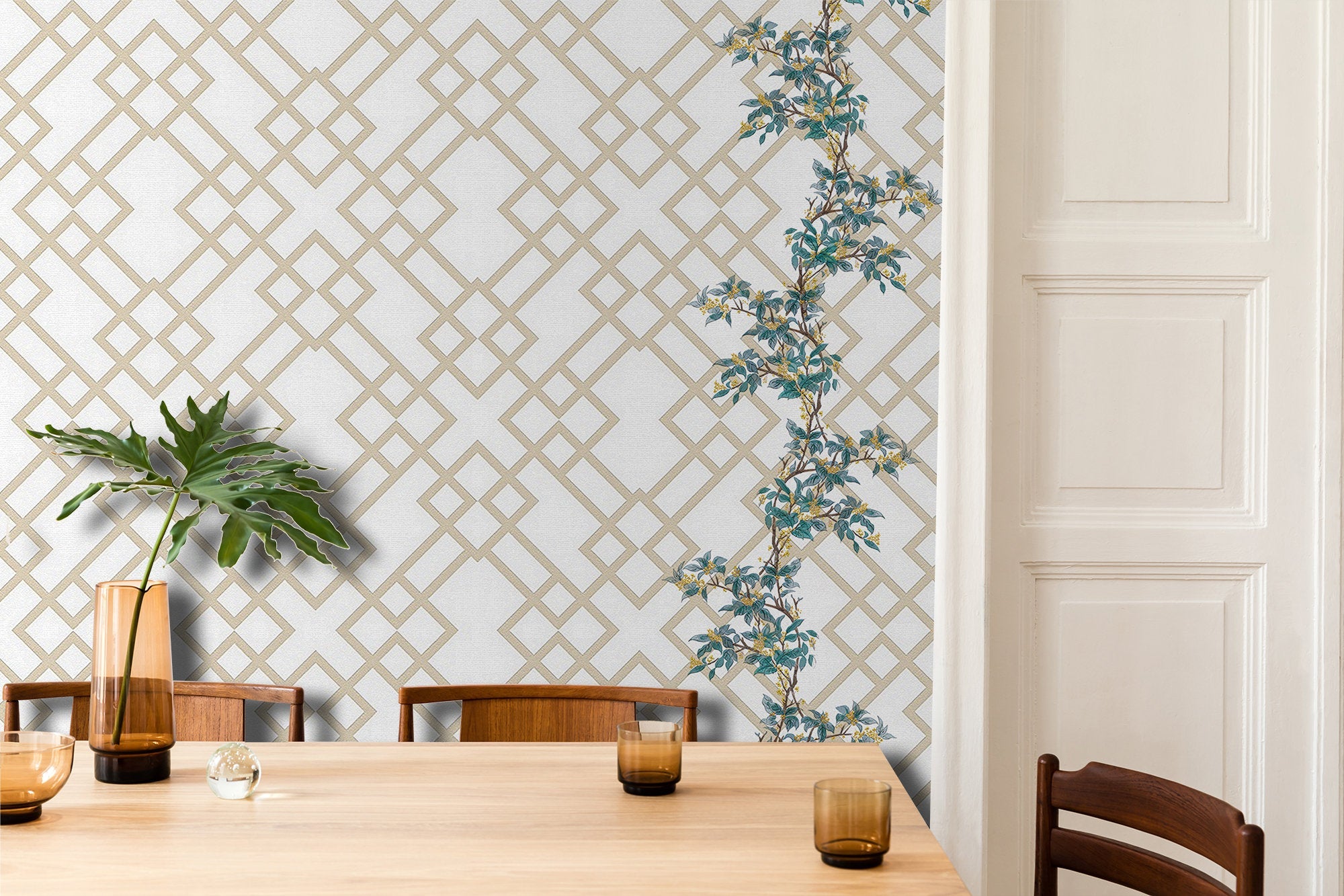 Squared Geometric Shapes Ivy Plants Wallpaper Mural Art