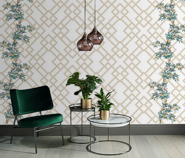 Squared Geometric Shapes Ivy Plants Wallpaper Mural Art