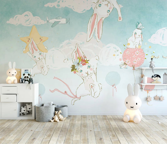 Pretty White Rabbits Star Turquoise Sky Clouds Wallpaper