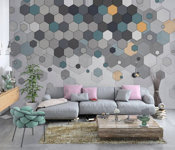 Colorful Hexagon Geometric Shapes Gray Background Wallpaper