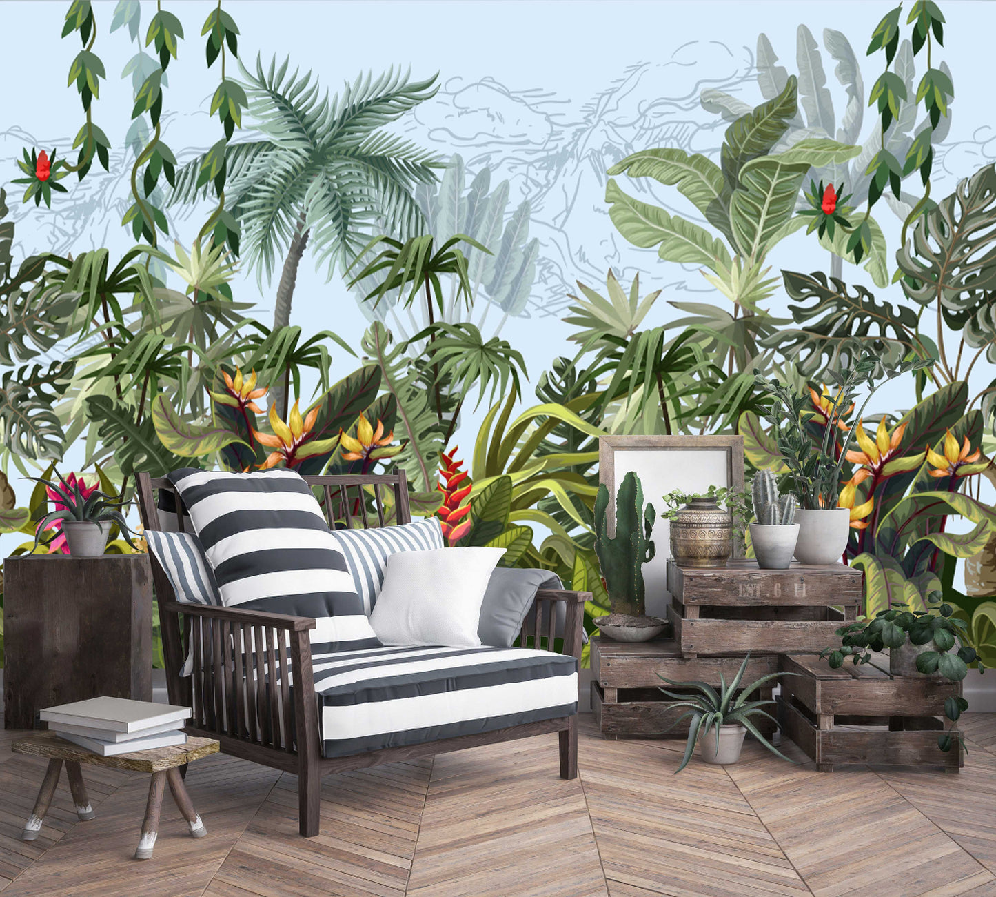 Tropical Jungle Plants and Leaves Floral Wallpaper Wall Art