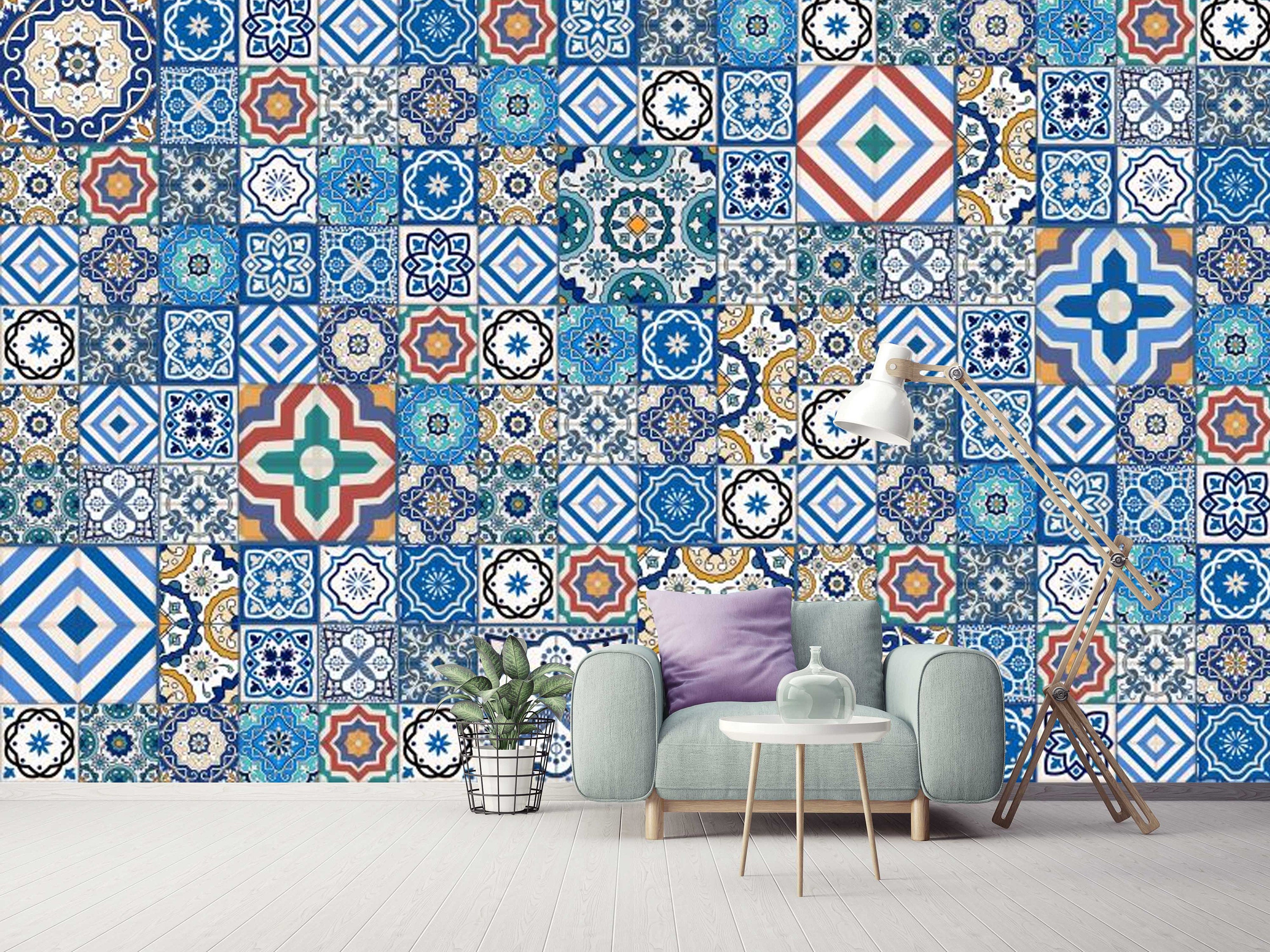 Arab Motif Blue Square Design Wallpaper Decor Wall Art