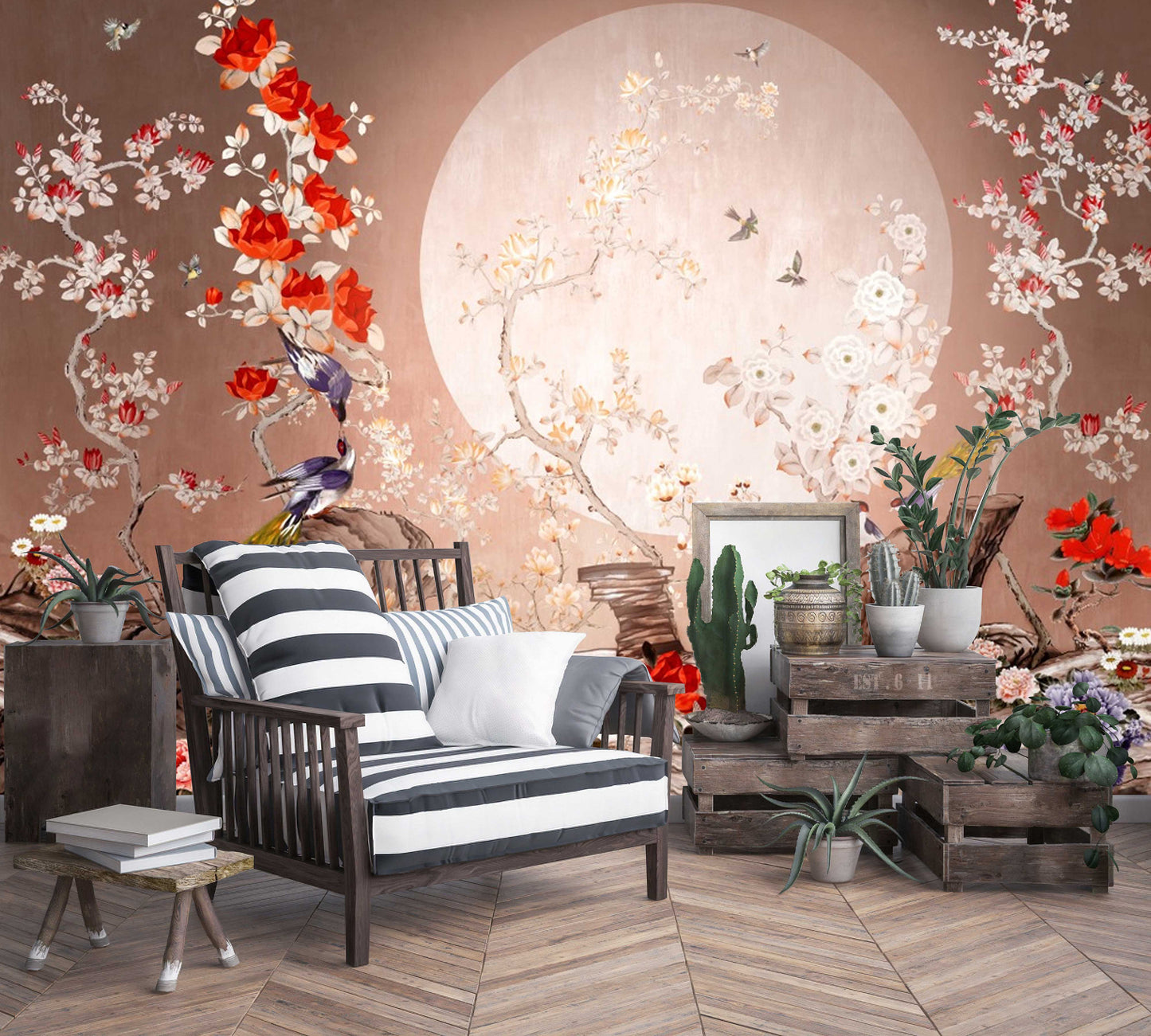 Blood Moon Fullmoon Red White Flowers Birds Animal Wallpaper