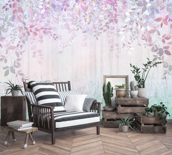 Green Leaves Pinkish Background Floral Wallpaper Mural Art