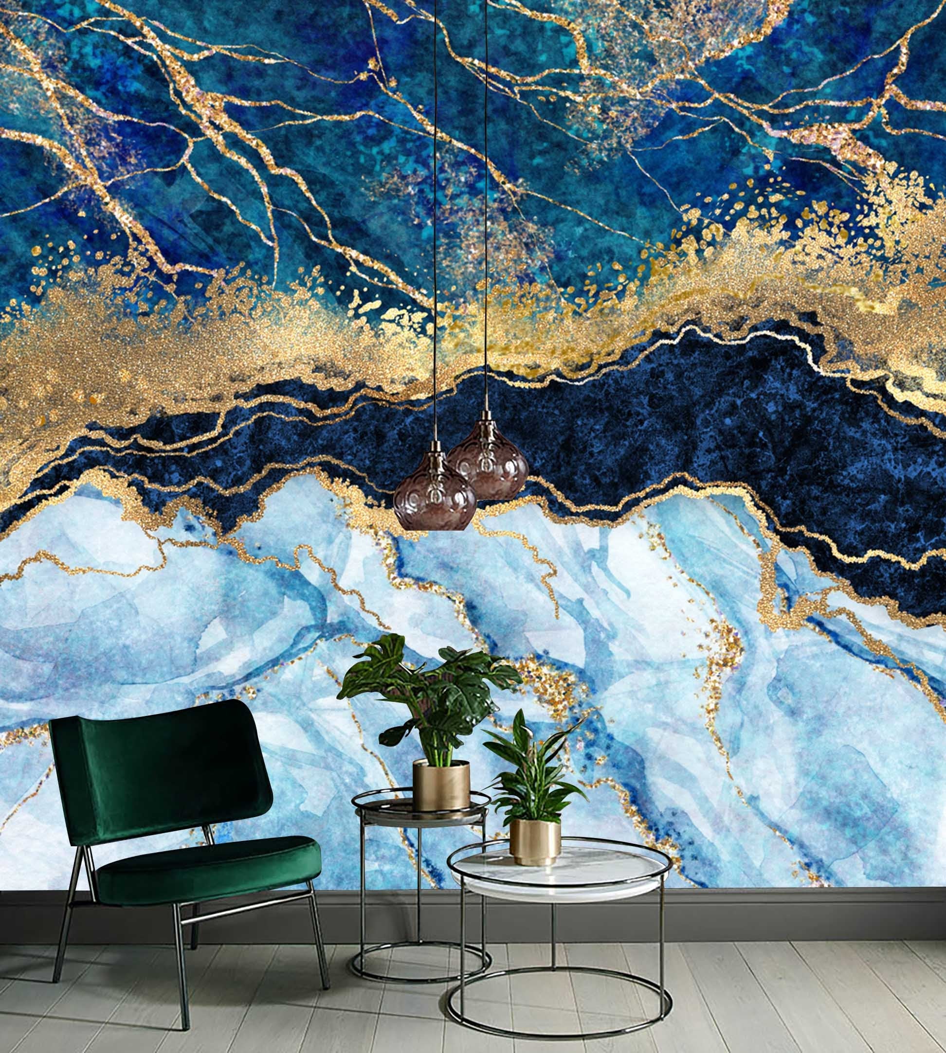 Marble Abstract Design Shades Of Blue Gold Yellow Wallpaper