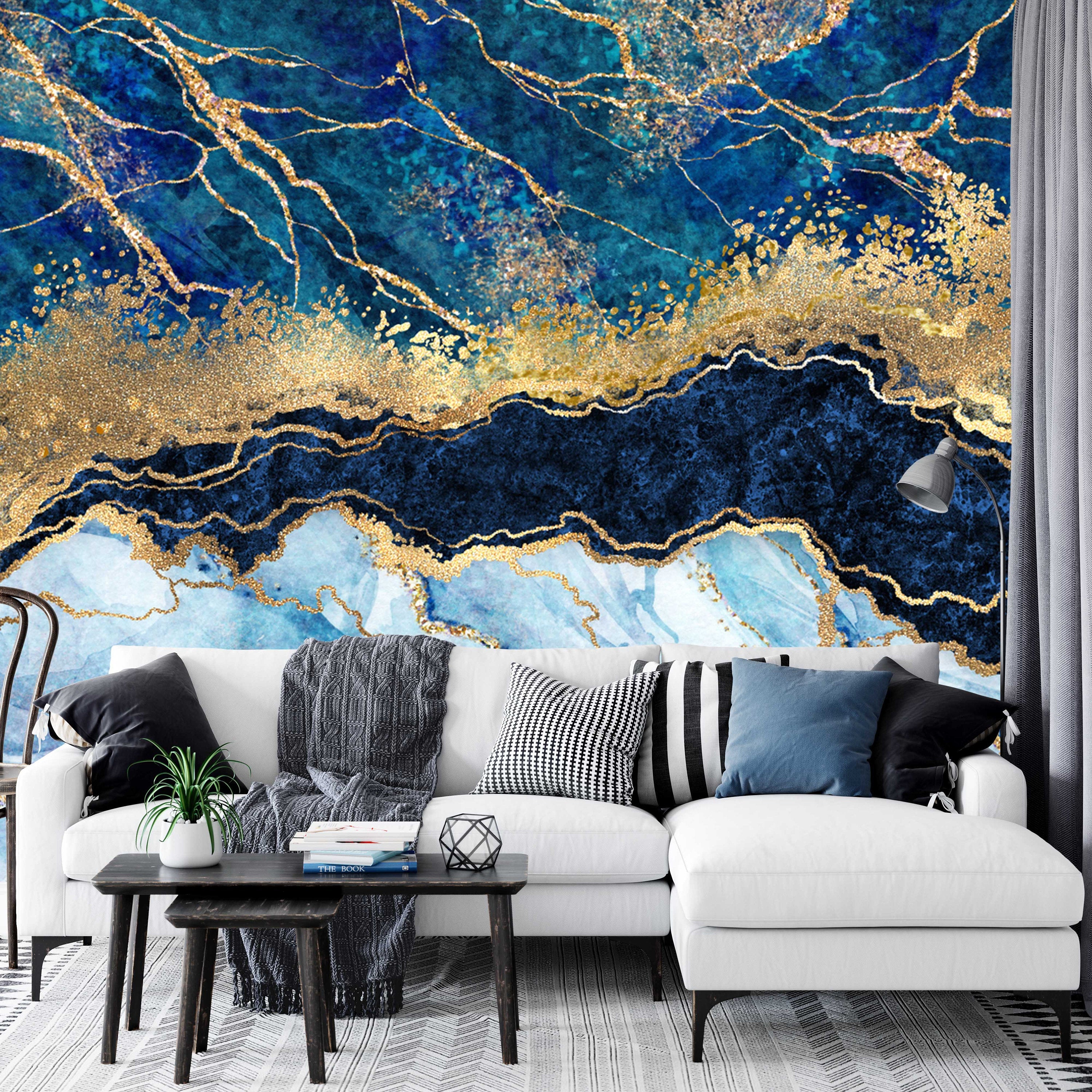Marble Abstract Design Shades Of Blue Gold Yellow Wallpaper