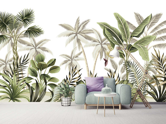 Tropical Palm Trees and Leaves Floral Modern Wallpaper