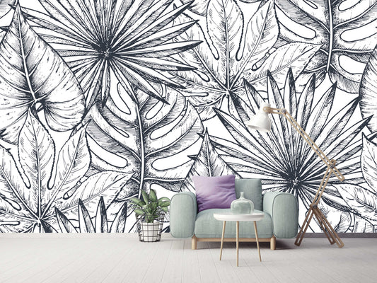 Hand Draw Black White Leaves Floral Wallpaper Mural Art