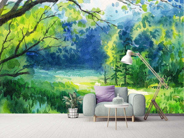 Summer Forest Watercolor Modern Art Wallpaper Home Decor Wall