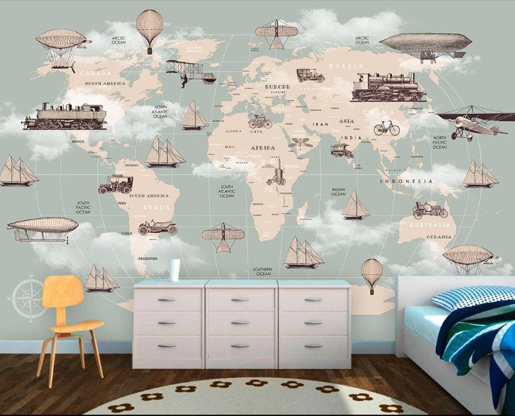 Children Eellipse World Maps Transport Vehicles Wallpaper Animal Bedroom Children Kids Room Mural Home Decor Wall Art
