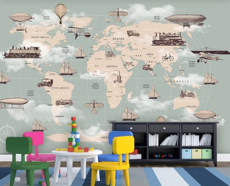 Children Eellipse World Maps Transport Vehicles Wallpaper Animal Bedroom Children Kids Room Mural Home Decor Wall Art