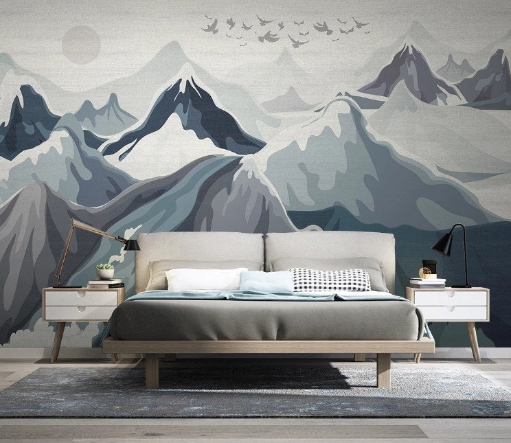 Watercolor Snowy Mountains Birds Wallpaper Cafe Restaurant Decoration Living Room Bedroom Wall Covering Mural Home Decor Art