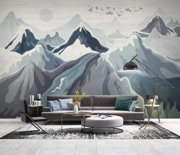 Watercolor Snowy Mountains Birds Wallpaper Cafe Restaurant Decoration Living Room Bedroom Wall Covering Mural Home Decor Art