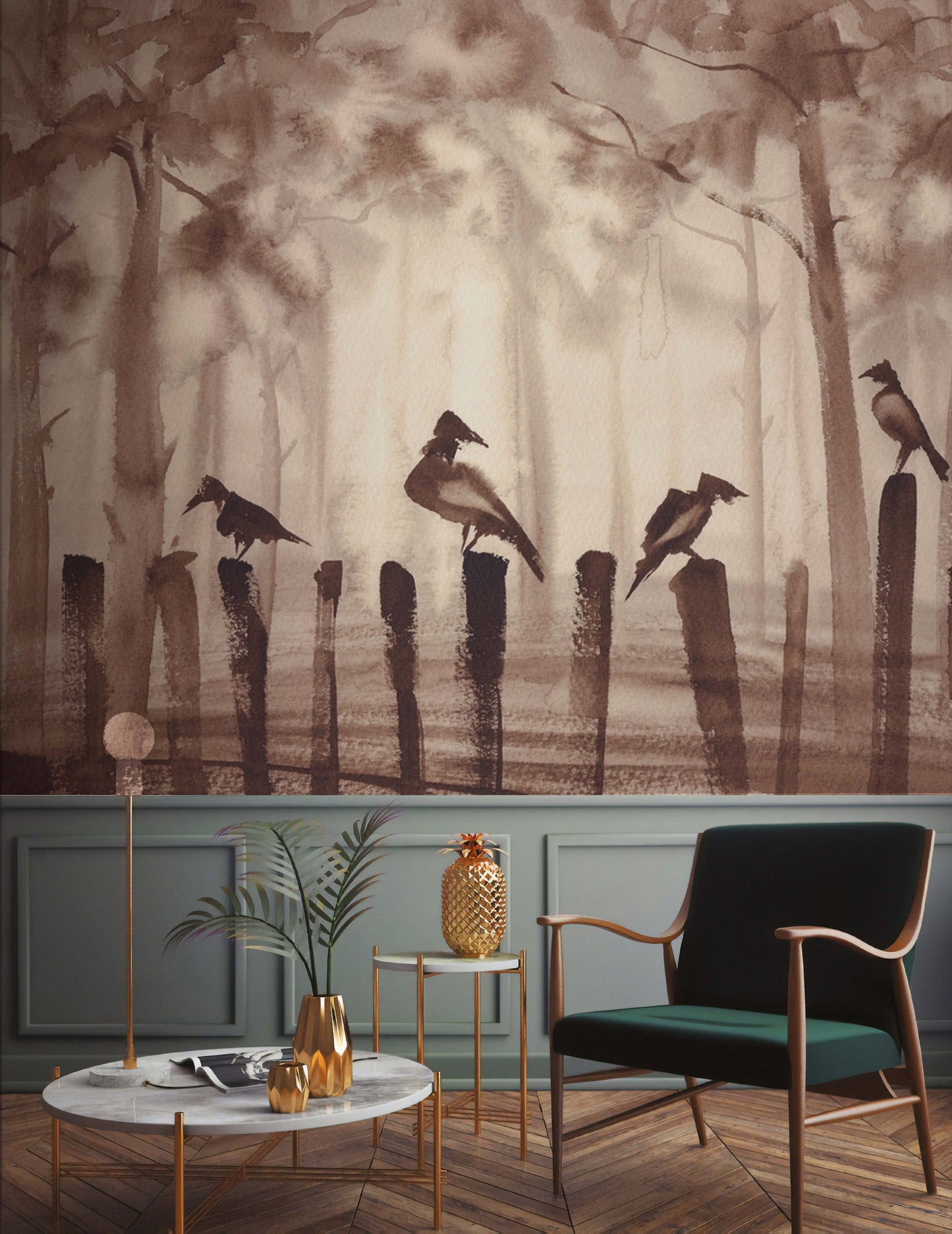 Watercolor Misty Forest and Birds Wallpaper Cafe Restaurant Decoration Living Room Bedroom Wall Covering Mural Home Decor Art