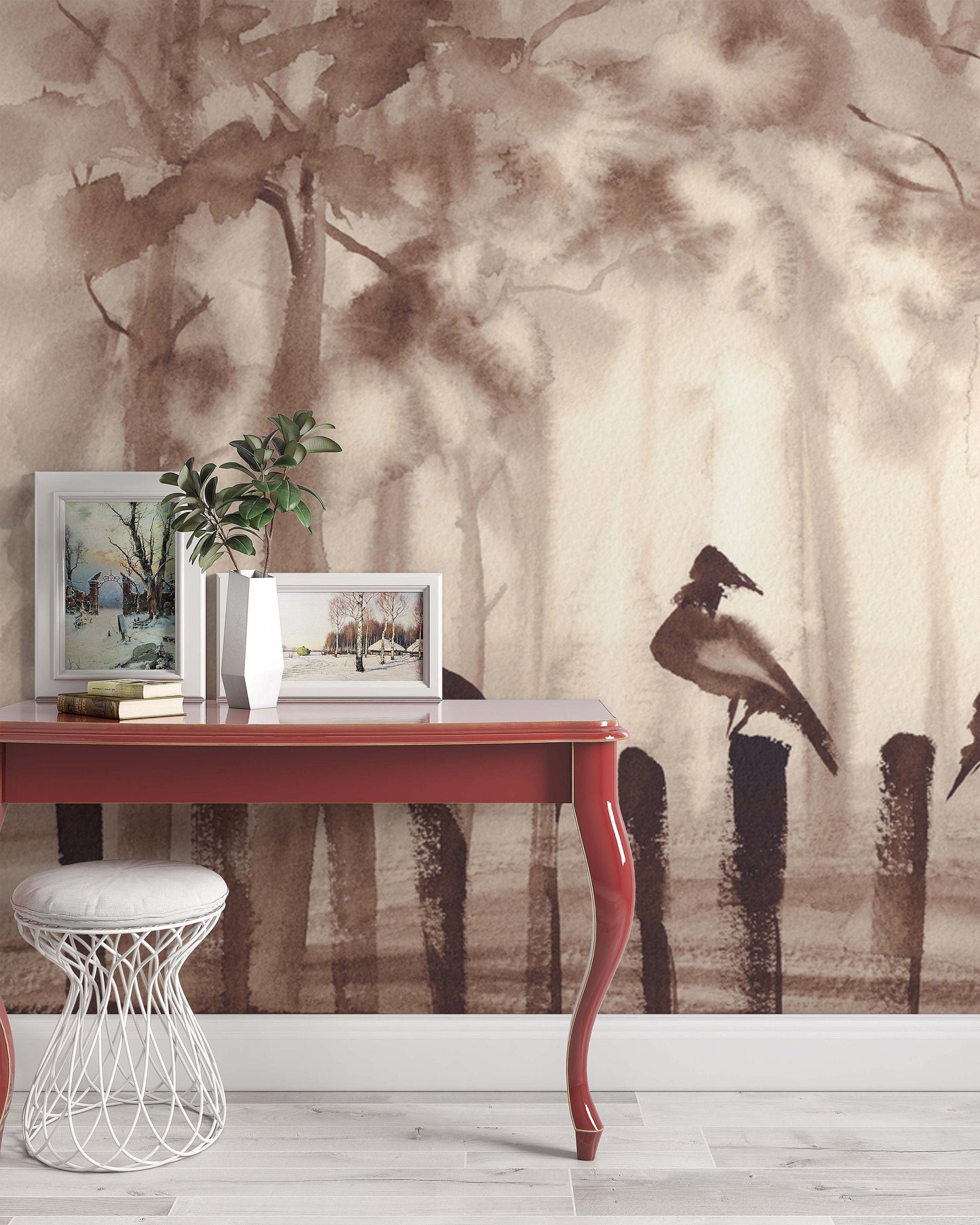 Watercolor Misty Forest and Birds Wallpaper Cafe Restaurant Decoration Living Room Bedroom Wall Covering Mural Home Decor Art
