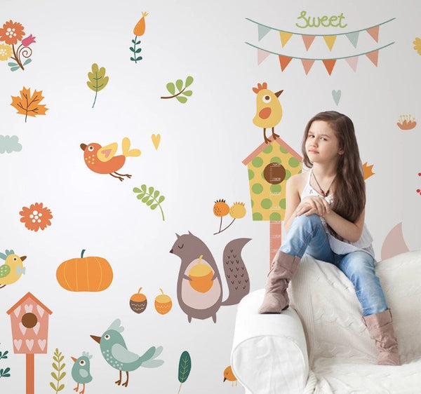 Squirrel and Birds Fruit Plants Wallpaper Animals Kids Room Children Mural Home Decor Wall Art Removable