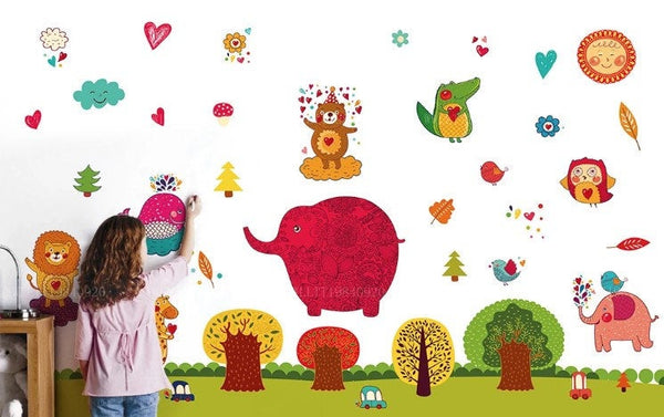 Elephant Cute Bear and Crocodile Trees Sun Heart Wallpaper Animals Kids Room Children Mural Home Decor Wall Art Removable