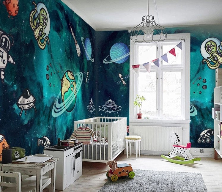 Planets Spacecraft Alien Astronaut Dark Matter Wallpaper Kids Room Children Mural Home Decor Wall Art Removable