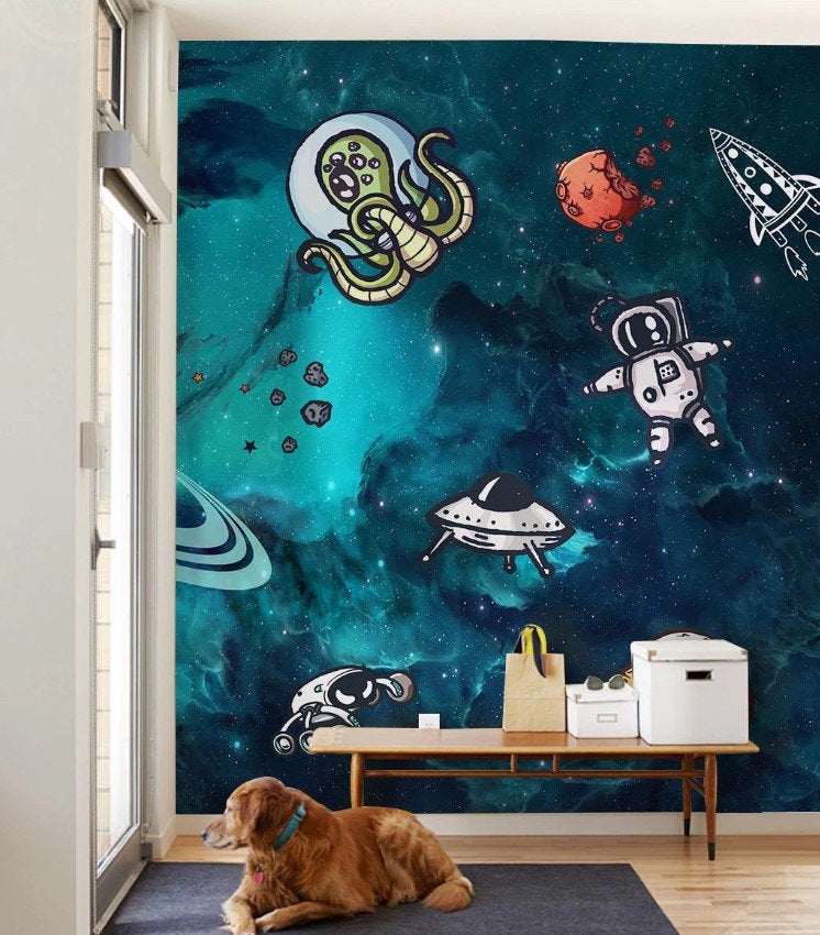 Planets Spacecraft Alien Astronaut Dark Matter Wallpaper Kids Room Children Mural Home Decor Wall Art Removable