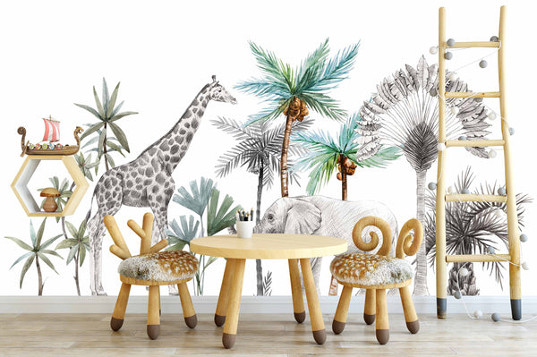 Sketch Draw Elephant Giraffe Palm Banana Trees Wallpaper