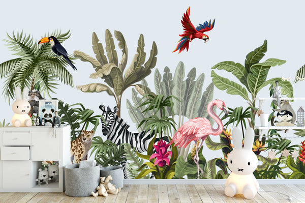 Wild Animals Playing In Tropical Jungle Wallpaper Wall Art