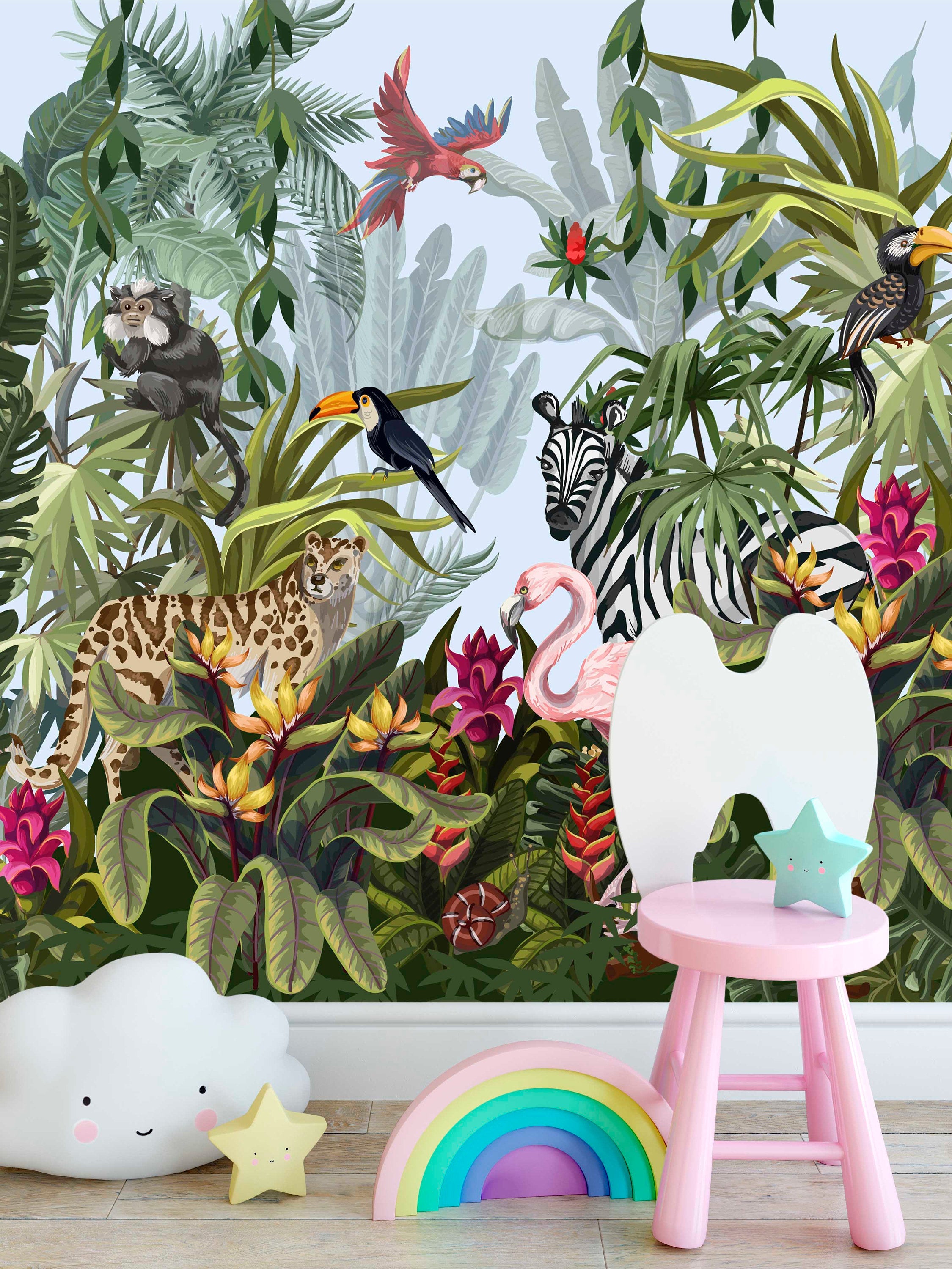 Wild Animals Tropical Jungle Colorful Flowers Floral Wallpaper