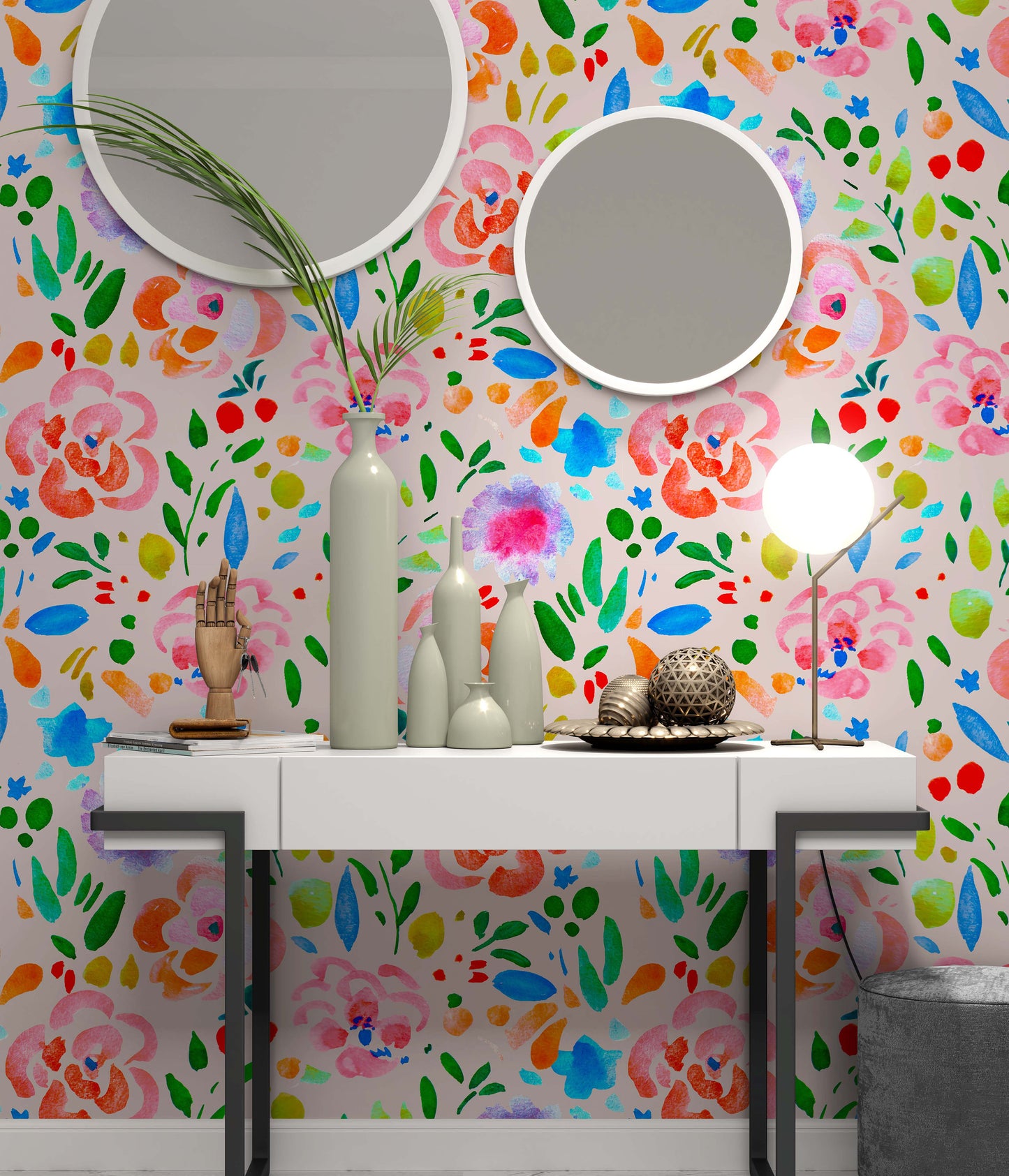 Flowers Watercolor Colorful Illustration Pattern Floral Wallpaper Office Living Room Bedroom Bathroom Kids Room Nursery Wallcovering