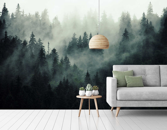 Misty Forest Trees Leaves Floral Nature Wallpaper Wall Art