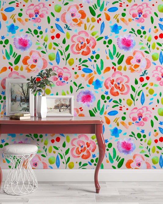 Flowers Watercolor Colorful Illustration Pattern Floral Wallpaper Office Living Room Bedroom Bathroom Kids Room Nursery Wallcovering