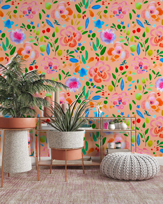 Flowers Watercolor Colorful Illustration Pattern Floral Wallpaper Office Living Room Bedroom Kids Room Nursery Bathroom Wallcovering