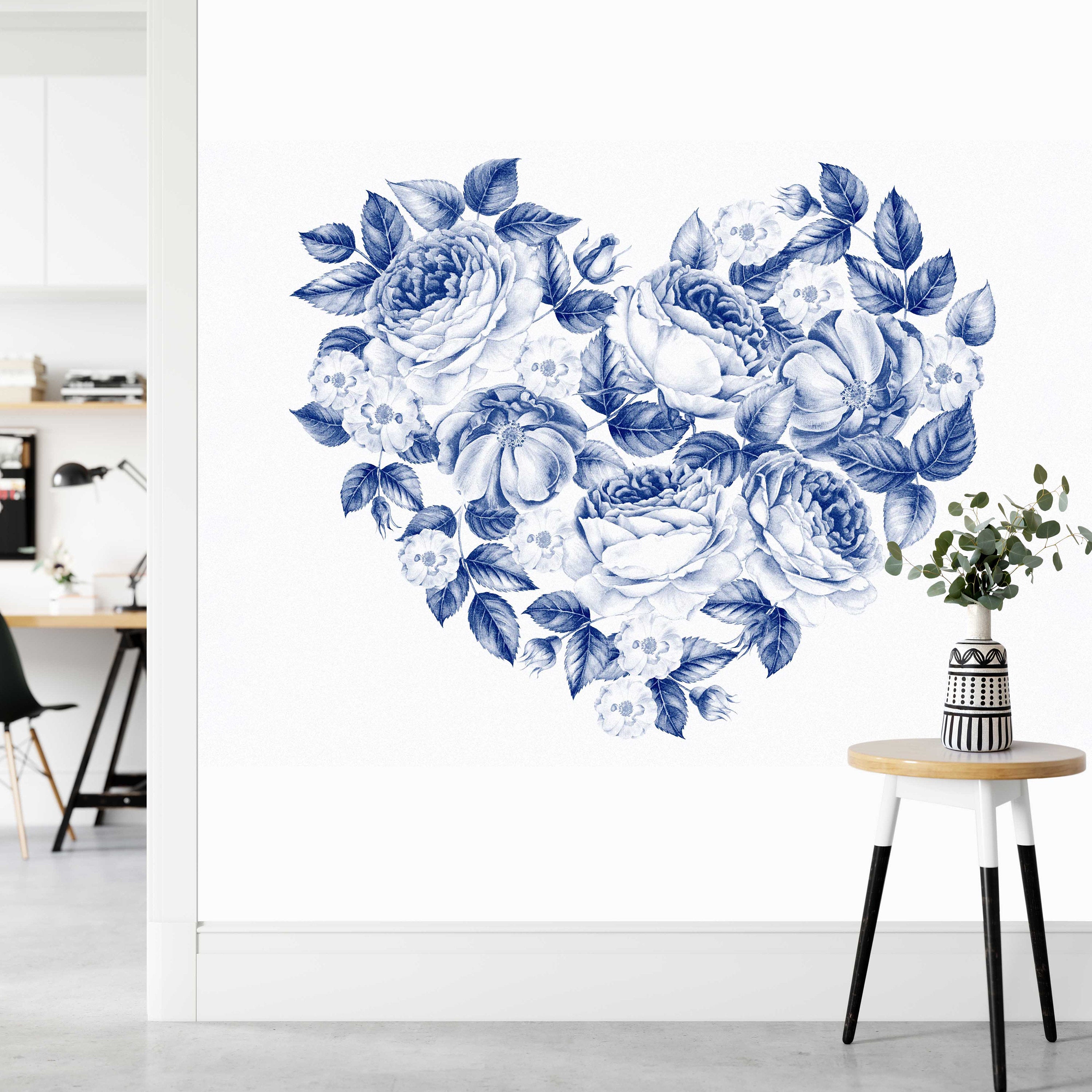 Blue Heart Design Flowers And Leaves Floral Wallpaper