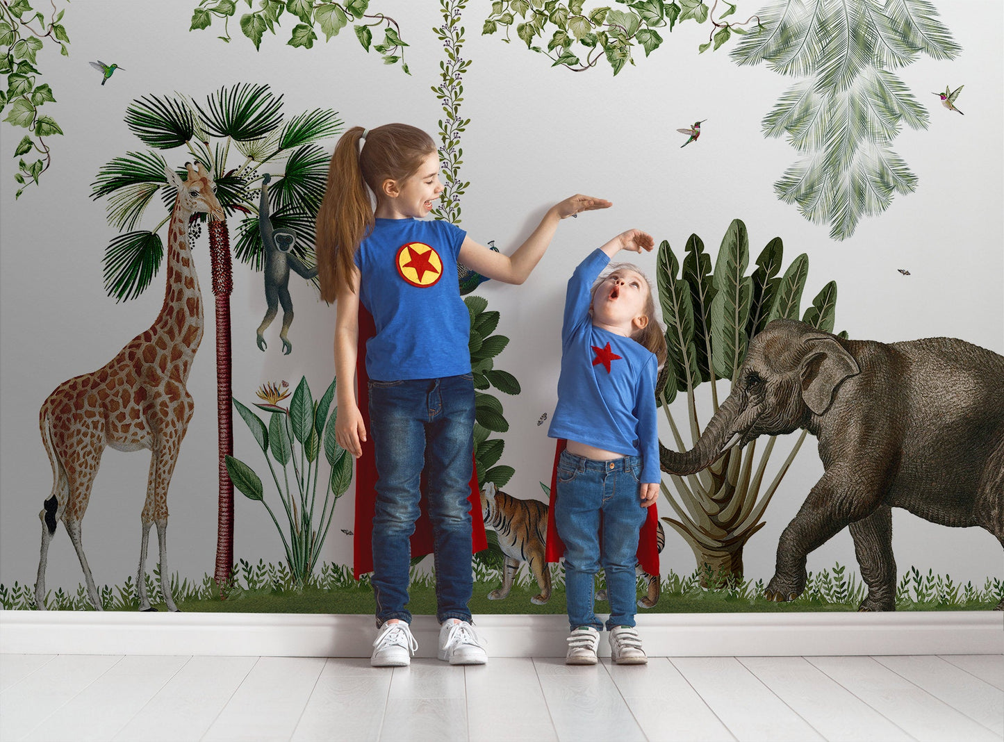 Tropical Plants Giraffe Elephant Peacock Lion Monkey and Birds Wallpaper