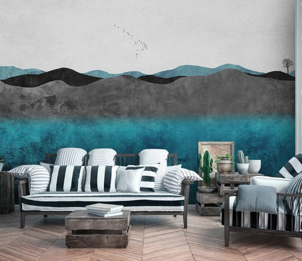 Blue Gray Black Mountain Birds Abstract Background Wallpaper