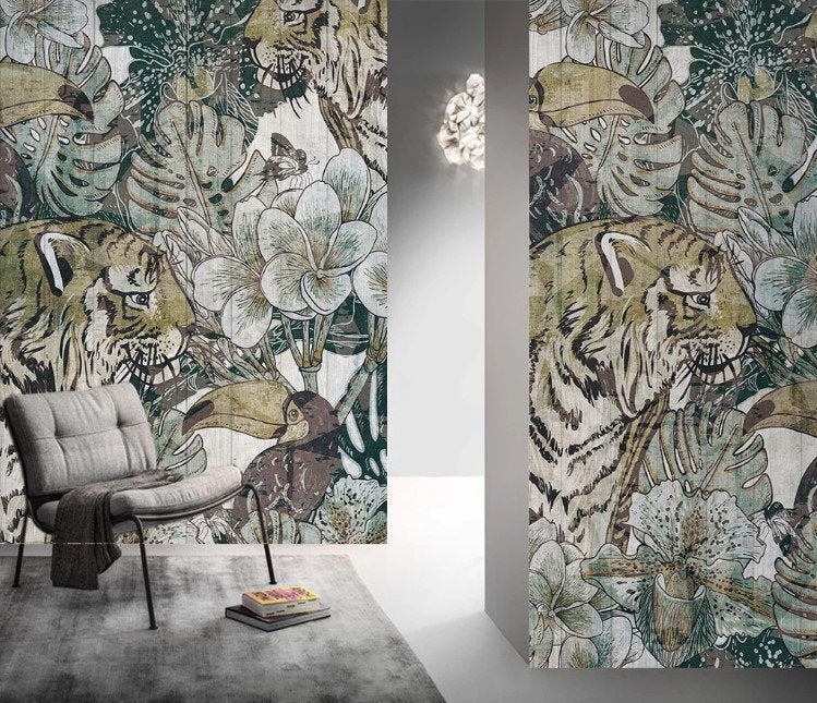 Lion Bird Tropical Jungle Leaf Animals Flowers Floral Wallpaper