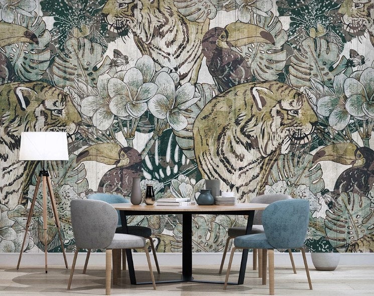 Lion Bird Tropical Jungle Leaf Animals Flowers Floral Wallpaper