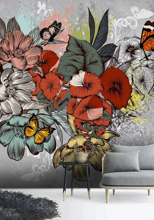 Gray Background Assorted Colorful Flowers Floral Wallpaper