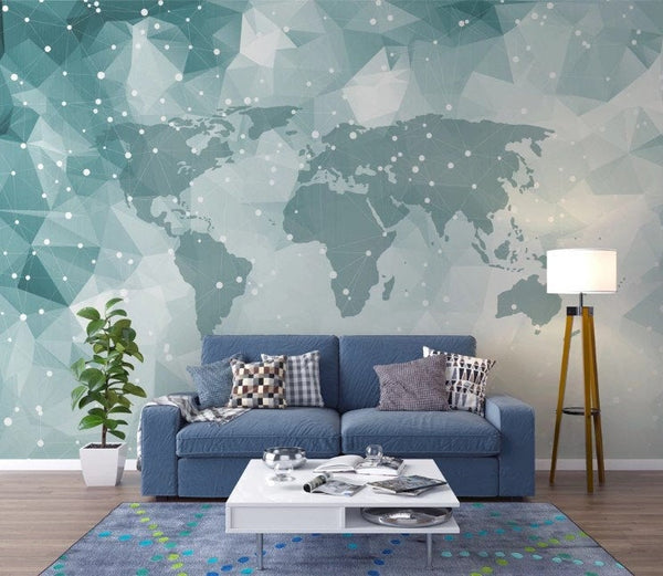 Map The World White Blue Geometric Shape Wallpaper Wall Art