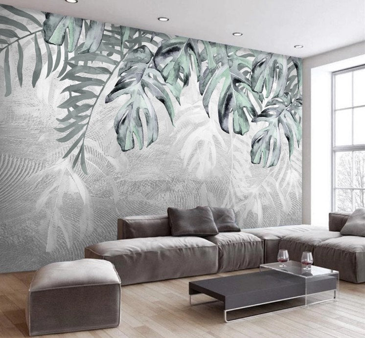 Exotic Plant Tropical Big Leaves Gray Abstract Floral Wallpaper