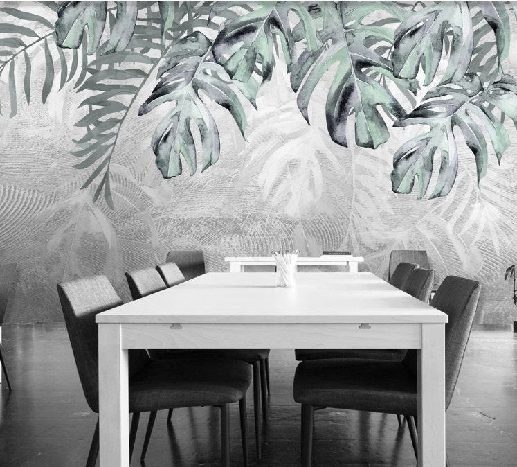 Exotic Plant Tropical Big Leaves Gray Abstract Floral Wallpaper