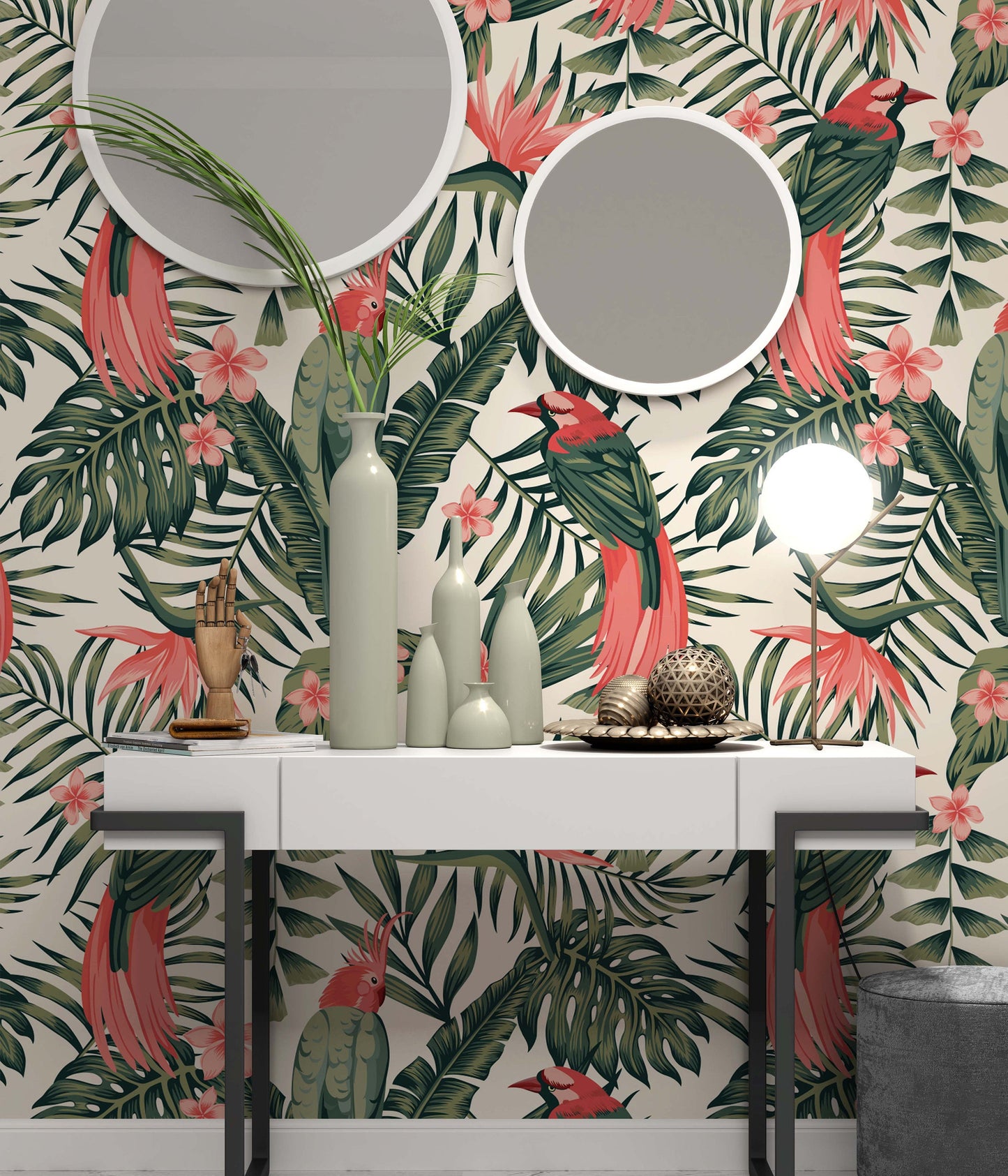 Tropical Leaves Flowers Frangipani Birds Paradise Modern Floral Wallpaper Restaurant Living Room Cafe Office Bedroom Mural Home Wall Art