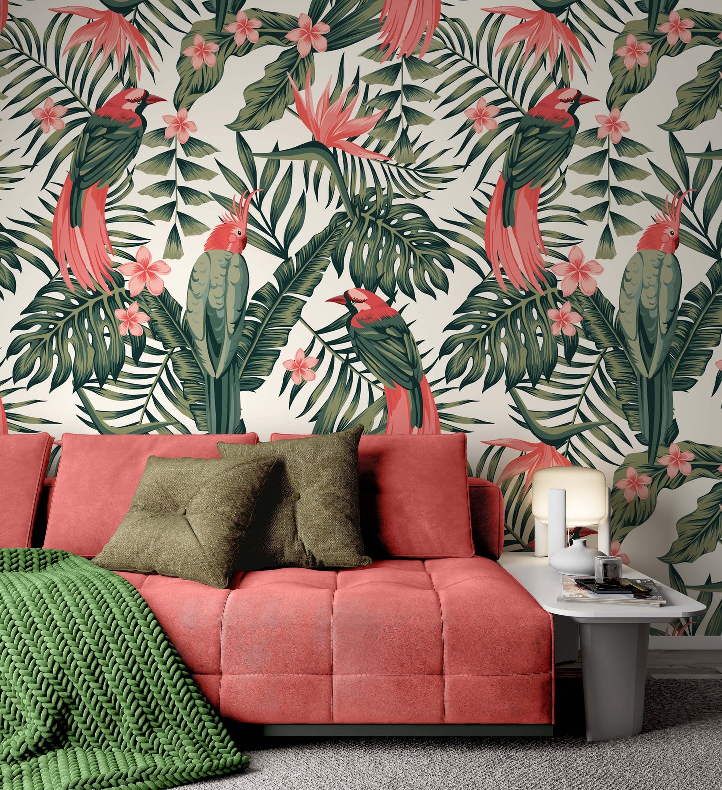 Tropical Leaves Flowers Frangipani Birds Paradise Modern Floral Wallpaper Restaurant Living Room Cafe Office Bedroom Mural Home Wall Art
