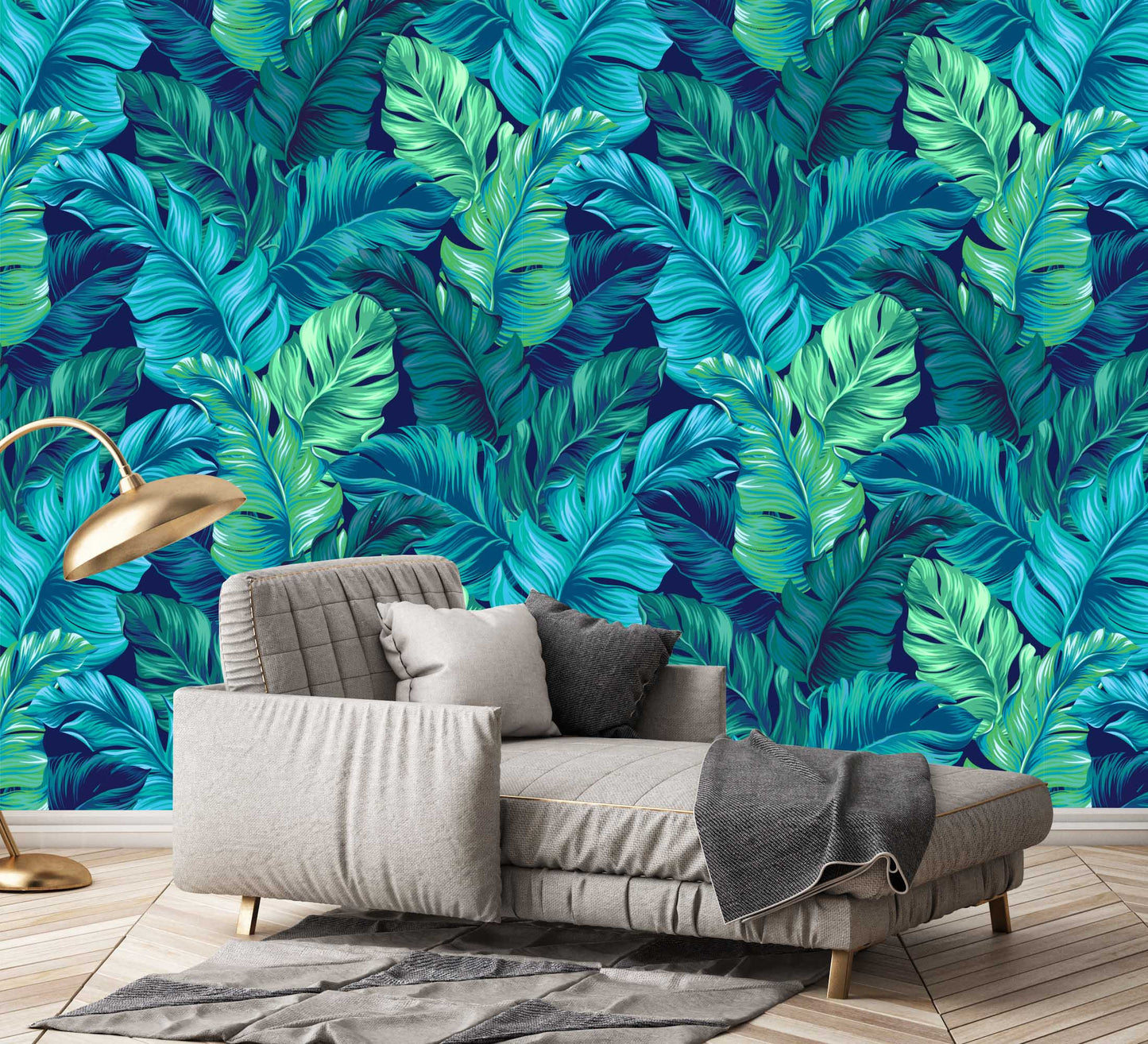 Turquouise and Green Palm Tree Leaves Floral Wallpaper
