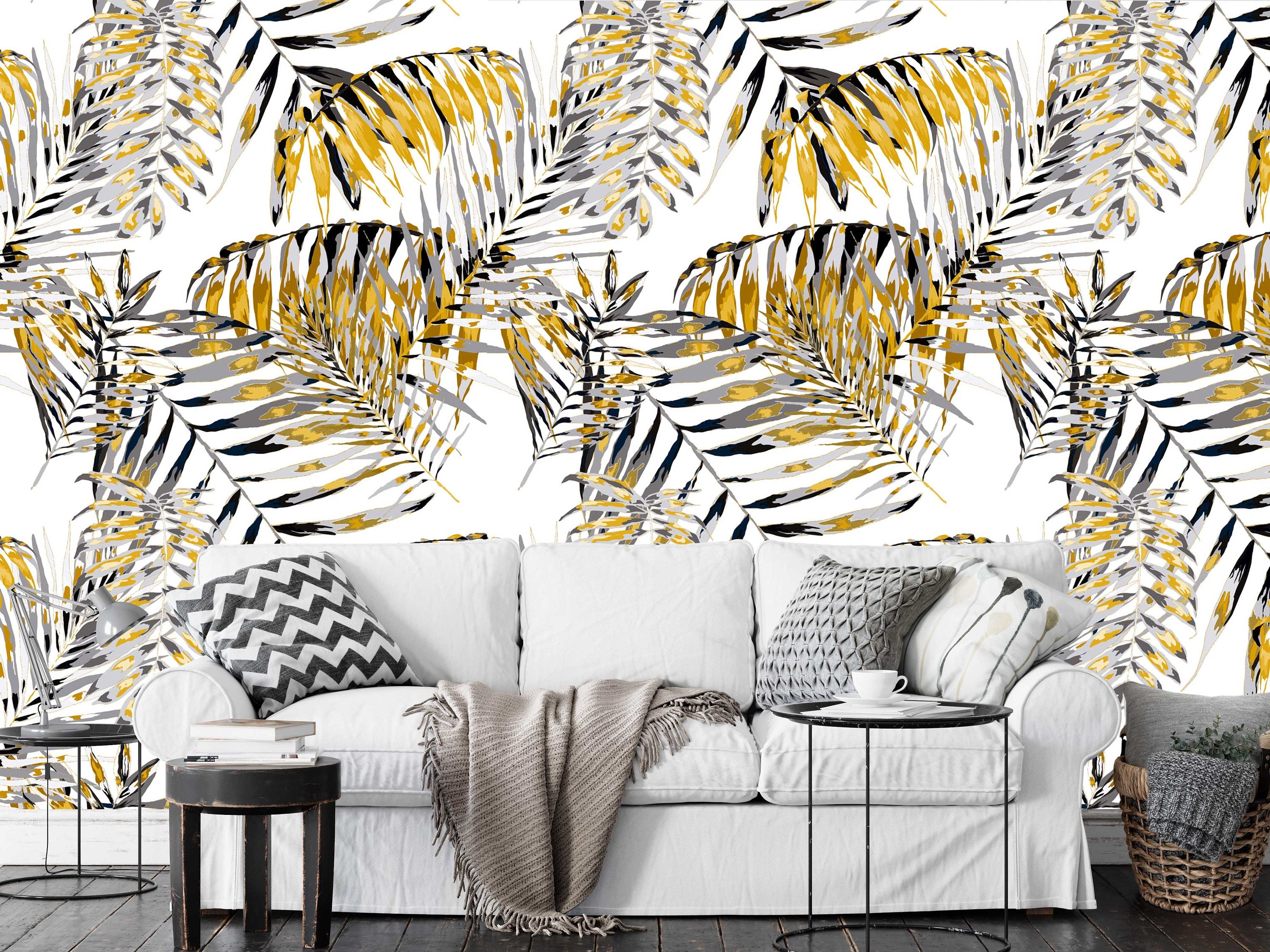 Tropical Watercolor Yellow Design Leaves Floral Wallpaper