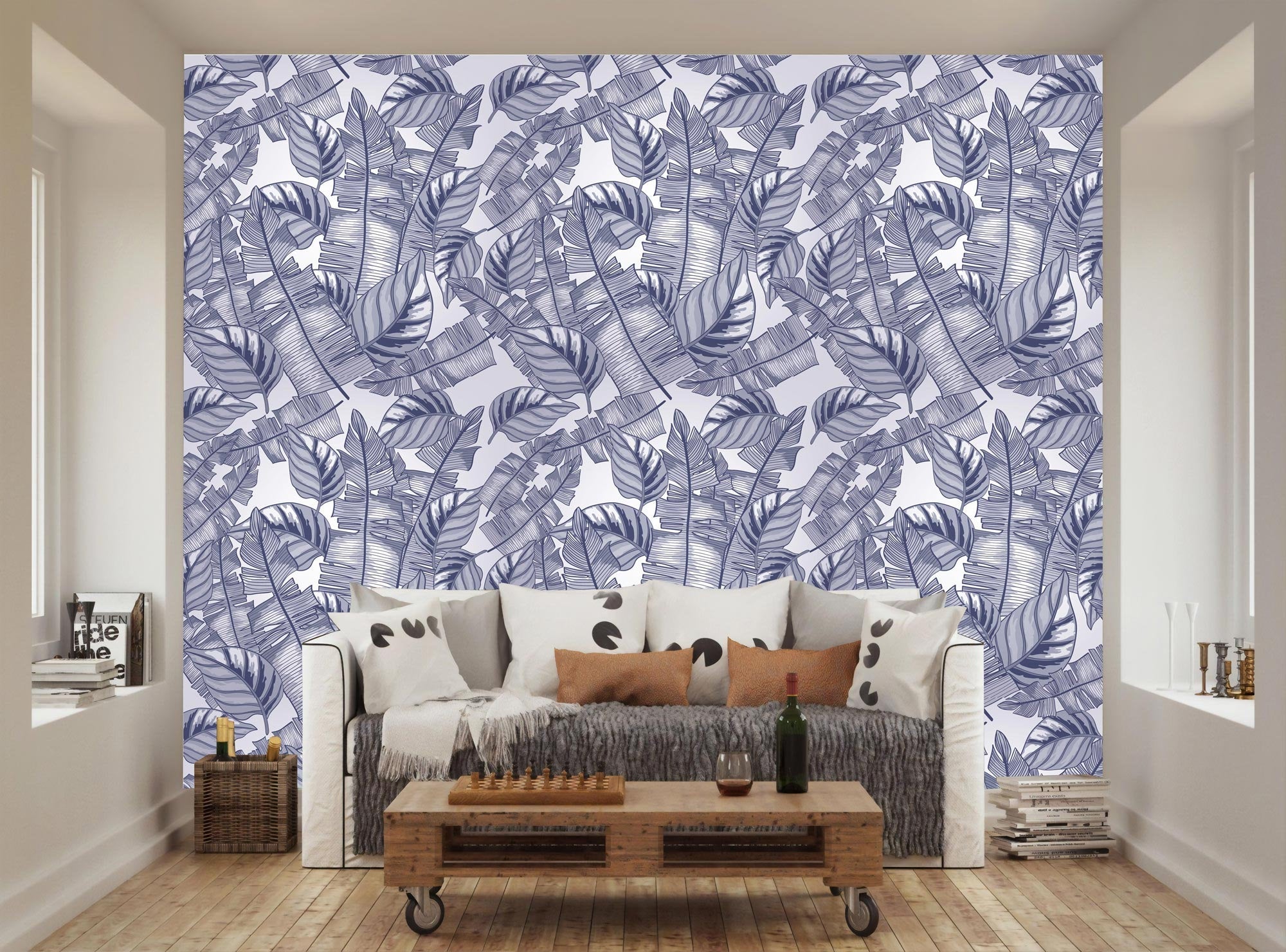 Abstract Tropical Leaves Blue Gray Floral Exotic Wallpaper
