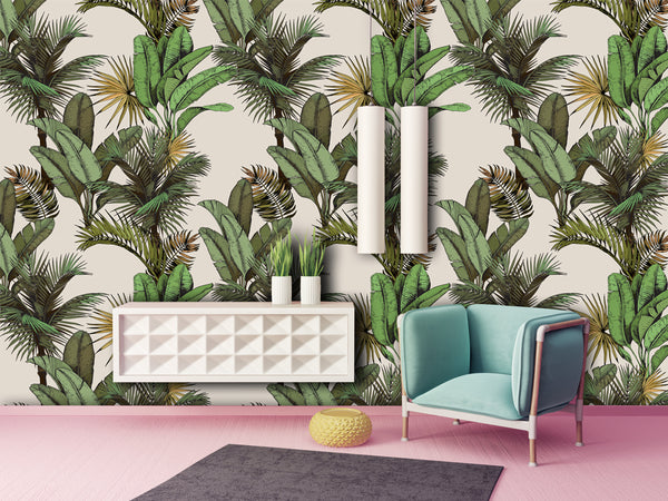 Tropical Banana And Palm Tree Leaves Floral Exotic Wallpaper