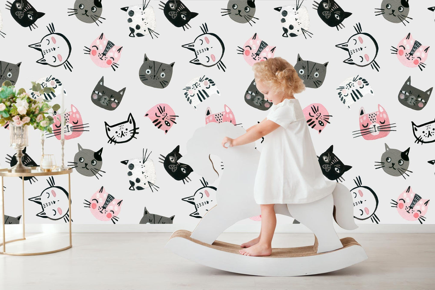Watercolor Cute Cats Faces Wallpaper Home Decor Wall Art