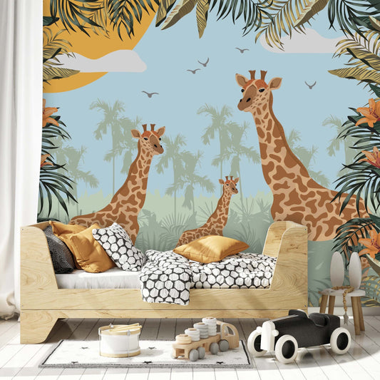 Wild Life Tropical Jungle Giraffe Lily Flowers Animal Wallpaper Kids Room Nursey Bedroom Children Mural Home Decor Wall Art Removable