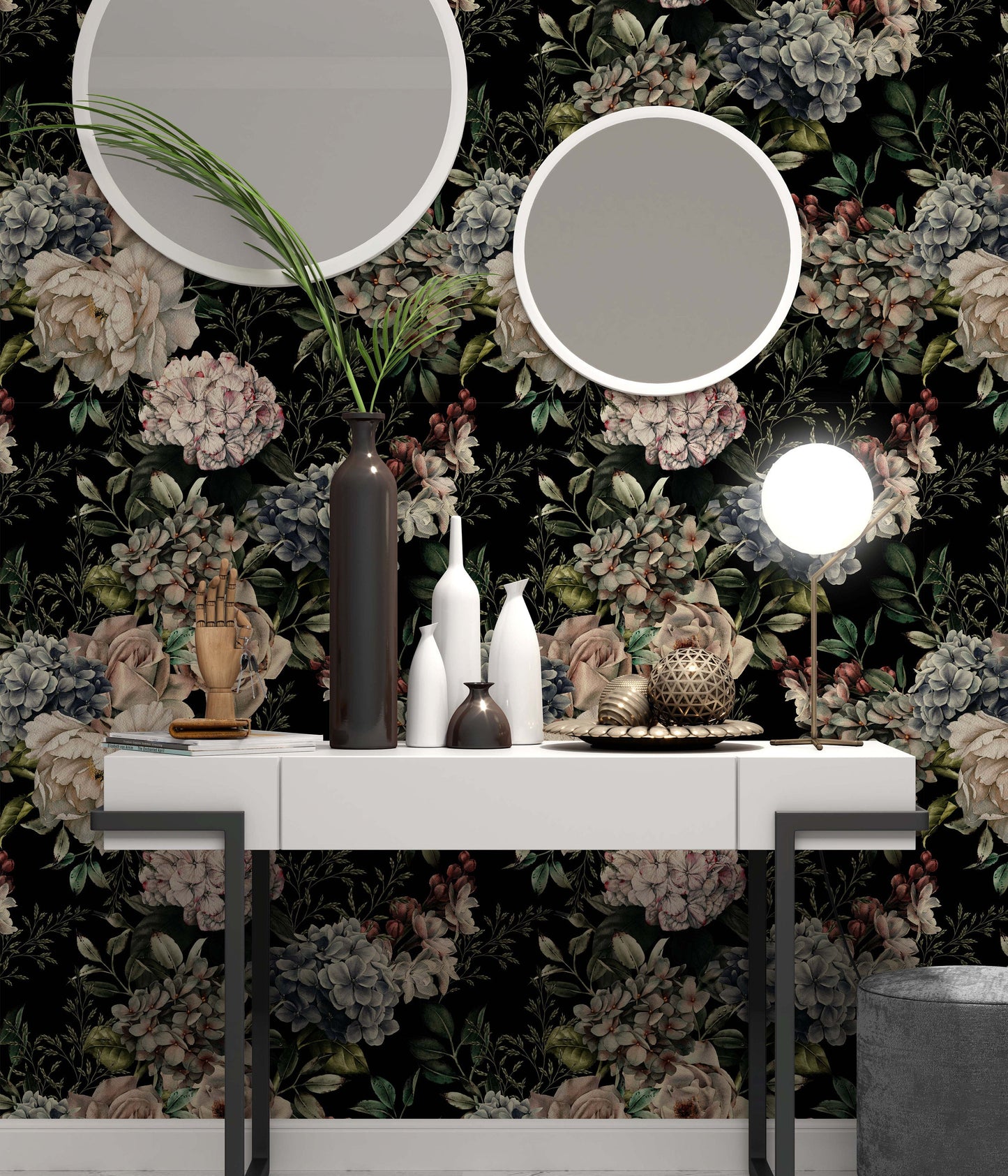 Floral Pattern With Flowers On Dark Background Wallpaper Restaurant Cafe Office Living Room Bedroom Mural Home Wall Art